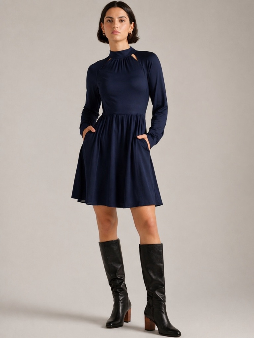 Ted Baker Ryaa Navy Long Sleeve Fit & Flare Mini Dress